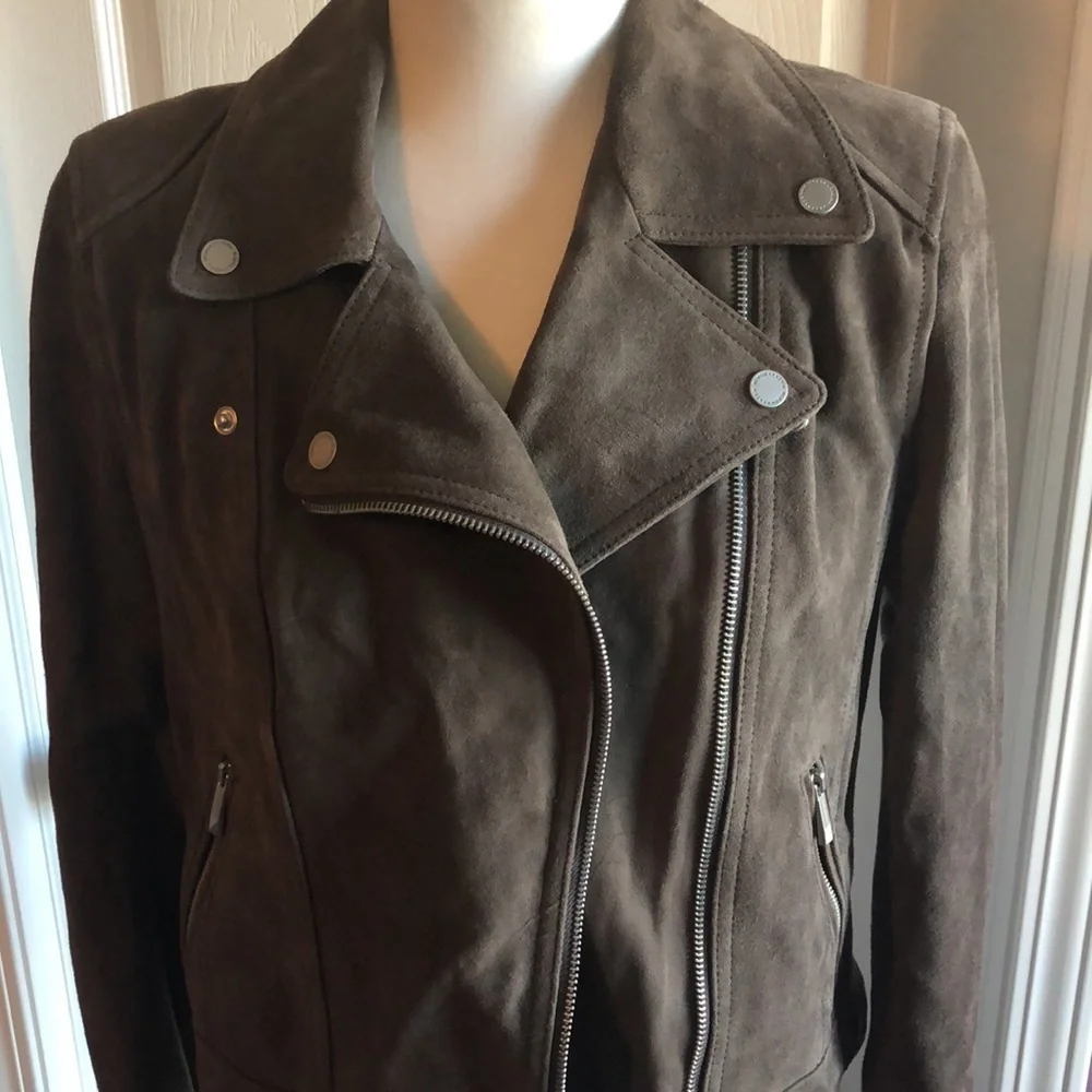 BCBG Maxazria Moto Zipper Leather Jacket slate Gray small - Picture 3 of 16